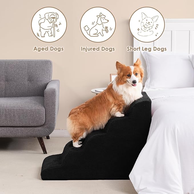 EHEYCIGA Curved Dog Stairs Ramp for High Beds, 5-Step Extra Wide Dog Steps for Small Dogs and Cats, Pet Stairs for High Bed Climbing, Non-Slip Balanced Pet Step Indoor, Black-PawvioPets