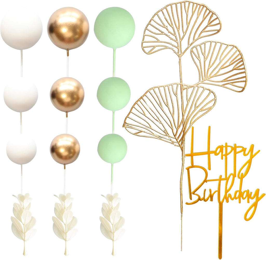 Gyufise 57Pcs Balls Cake Topper Boho Grass Cake topper Pearl Balls Acrylic Happy Birthday Cake Decorations for Wedding Baby Shower Birthday Boho Themed Party Supplies Green