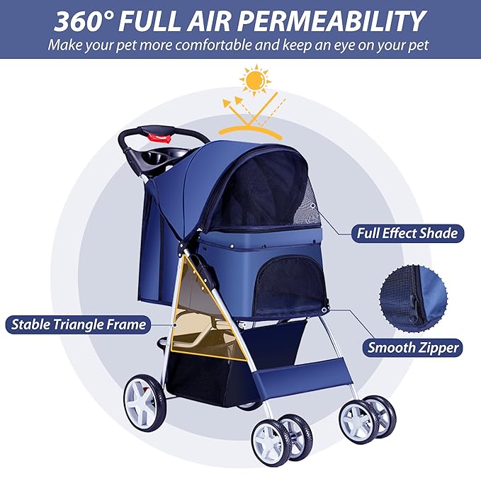 4 Wheels Pet Stroller for Small Medium Dogs Cats 10-33 lbs, Foldable Dog and Cat Stroller with Cup Holder & Storage Basket & Breathable Mesh, Pet Strolling Cart for All-Season, Navy Blue-PawvioPets