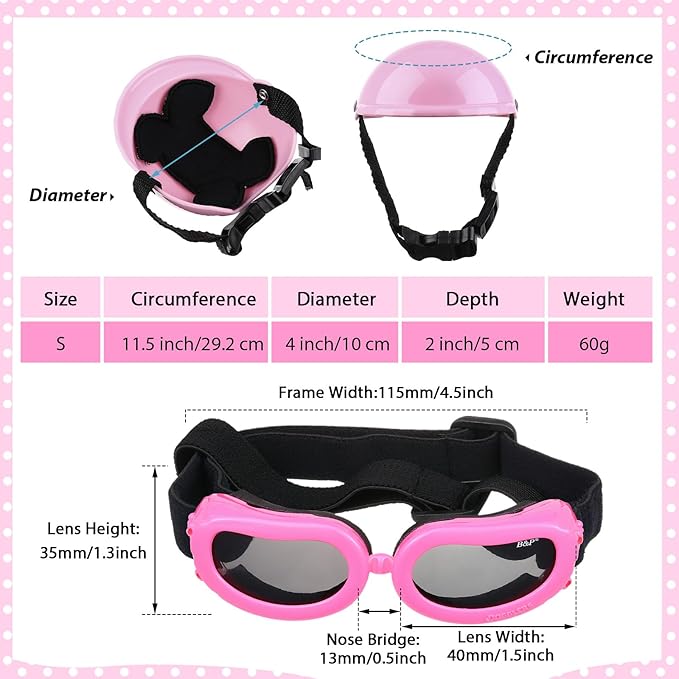 Frienda Dog Helmet and Goggles, UV Protection Doggy Sunglasses and 4 Inch Padded Puppy Motorcycle Helmet Adorable Dog Goggles with Adjustable Belt for Small Dogs Puppy Riding(Pink,S)-PawvioPets