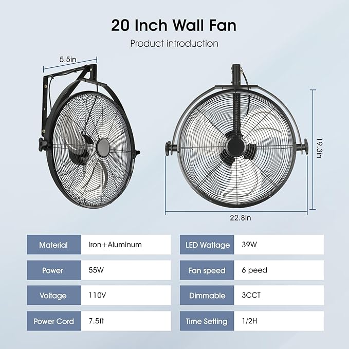 20 inch Wall Mount Fan with Lights and Remote,6-Speed Gazebo Ceiling Fan Adjustable Tilt Dimmable Wall Fan,High Velocity Industrial Outdoor Fans for Patio,Garage,Commercial,Black-PawvioPets