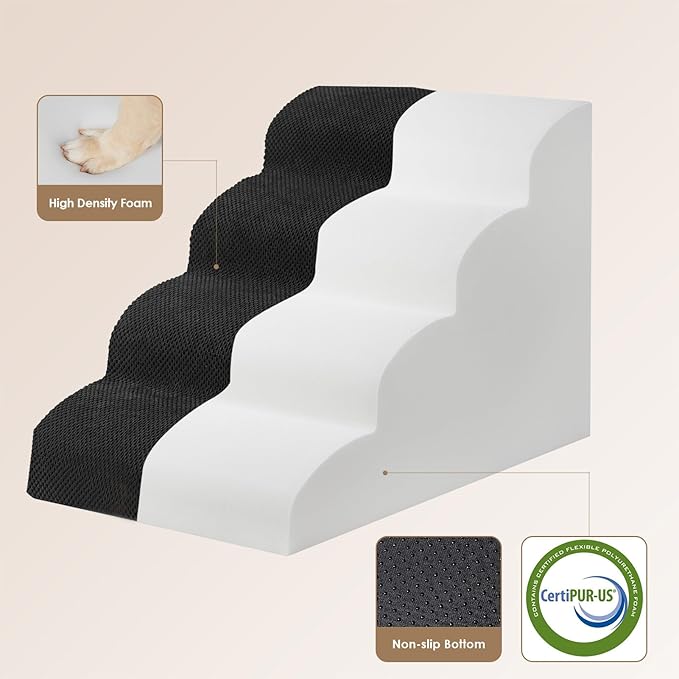 EHEYCIGA Curved Dog Stairs Ramp for High Beds 19.7" H, 4-Step Dog Steps for Small Dogs and Cats, Pet Stairs for High Bed Climbing, Non-Slip Balanced Pet Step Indoor, Black-PawvioPets