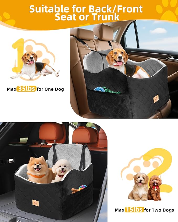 Car Seat Booster for Dog: High-Support Memory Foam Pet Car Seat for Small/Medium Dogs Under 35lbs with Elevated Cushion, Pockets - Detachable Washable Puppy Travel Bed for Driving(Black/Grey)-PawvioPets