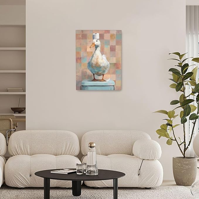 Funny Duck Bathroom Wall Art Cute Duck on Toilet Canvas Wall Decor Funny Quirky Farm Animal Pictures Painting Print Framed Artwork Decorations Gifts for Bathroom 12"x16"-PawvioPets