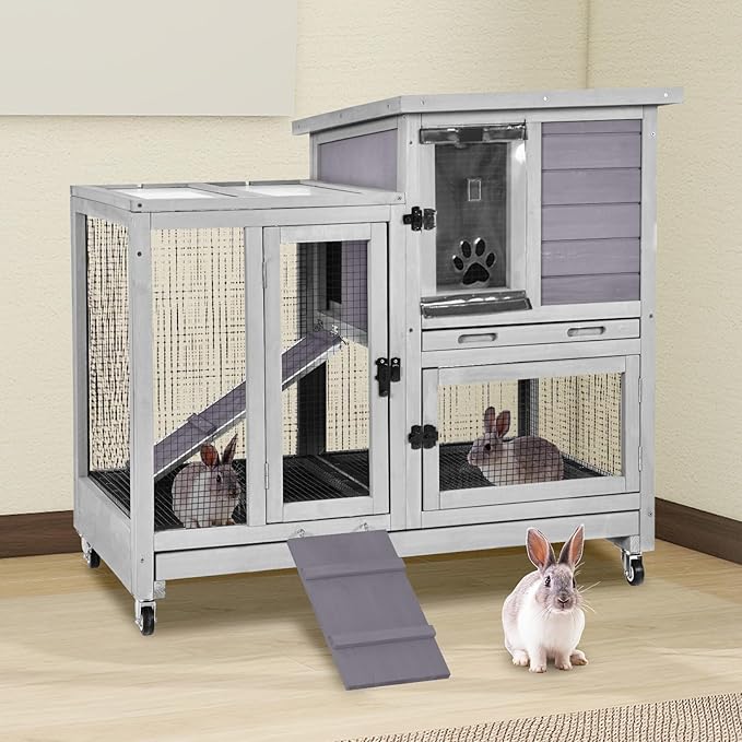 2-Story Rabbit Hutch Indoor Bunny Cage Outdoor Guinea Pig House with Wire Mesh Floor, Leak-Proof Trays, Lockable Wheels for Rabbits, Guinea Pigs, 40.6" L x 26" W x 37.6" H-PawvioPets