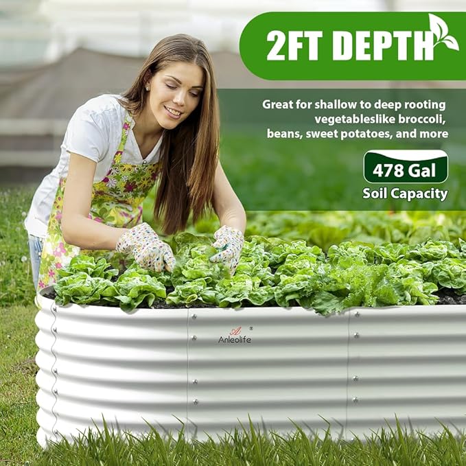 A ANLEOLIFE 8X4X2 ft Galvanized Raised Garden Beds Outdoor, Oval Large Metal Deep Root Planter Box for Planting Vegetables Flowers Herb, Anti-Rust & Easy-Setup, Antique White-PawvioPets