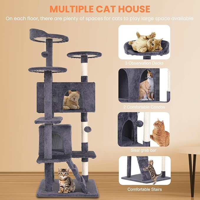 54.7 inches Cat Tower for Indoor Cats Multi-Level Cat Condos for Cat Tree Cat Climbing Tower with Scratching Posts, Hanging Toys,Ashy-PawvioPets