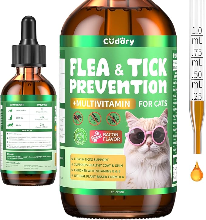 Flea & Tick Support for Cats – Natural Herbal Drops with Multivitamin – Fleas and Ticks Comfort Formula for Cat All Breeds & Ages – Bacon Flavor-PawvioPets
