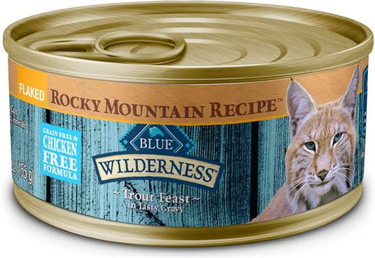Blue Buffalo Wilderness Rocky Mountain Recipe Natural High Protein Wet Food for Adult Cats, Trout in Tasty Gravy, 5.5-oz cans, Pack of 24-PawvioPets