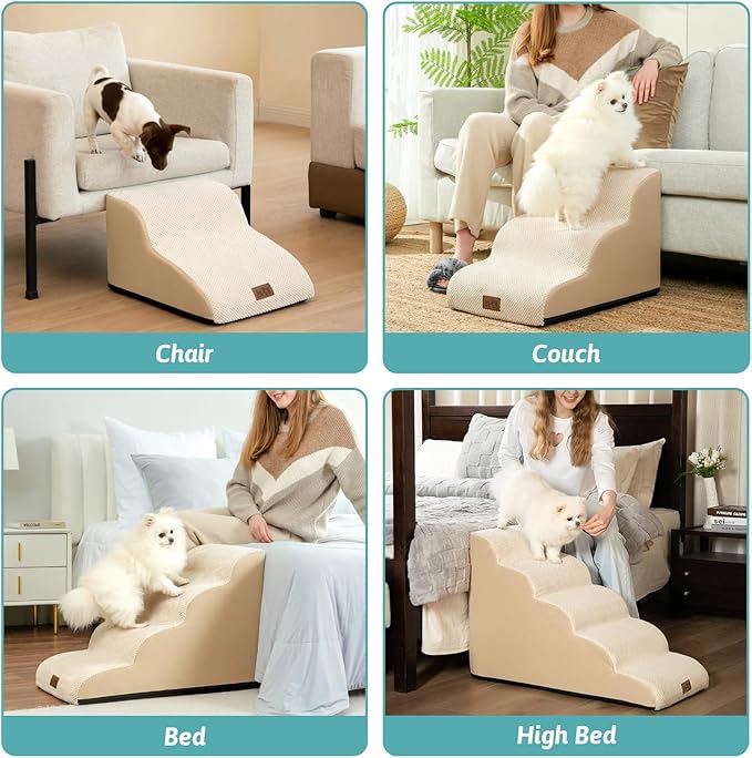 Dog Stairs for Small Dogs 11.8" H, Pet Step with Leakproof Cover, High Density Foam Cat Ramp for Chair or Sofa, Lightweight, Durable, Comfort, 15.7x19.7x11.8 inch, 2 Tiers, Beige-PawvioPets