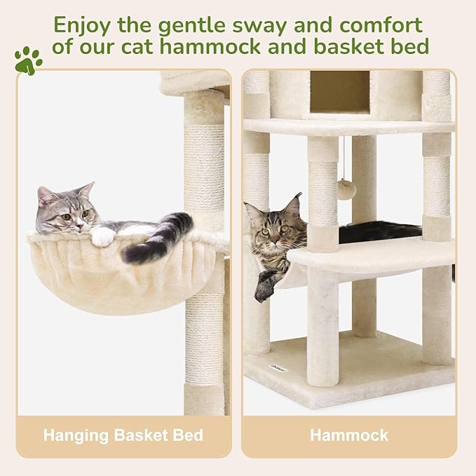 Globlazer Corner Cat Tree, 51in Curved Series Modern Cat Tower for Indoor Cats with Hammock, 7 Sisal Scratching Posts, Large Fan-Shaped Platform for Large Cats, Cat Condo & Hanging Basket, C51, Beige-PawvioPets