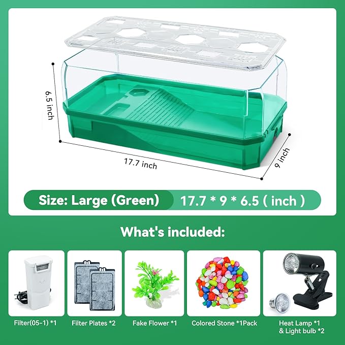 Aquatic Turtle Tank Habitat Kit Stone+Filter+Heat Lamp Enhancing Interaction with 360° Viewing, Standalone Filtration, DIY Creative Zone, Enriched Living (Green, Large[with Light])-PawvioPets
