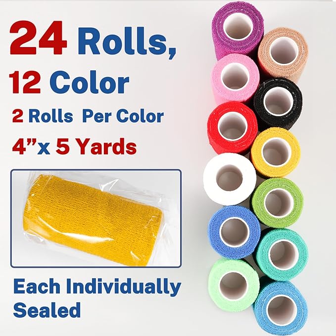 24 Pack Self Adhesive Bandage Wrap, 4” x 5 Yards Elastic Cohesive Bandage Wrap Self Adherent Medical Tape for Sports, Ankle, Wrist Sprains, Pet First Aid, Vet Wrap-PawvioPets
