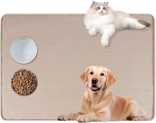 Cat Food Mat, 40" x 28" Extra Large Silicone Pet Feeding Mat with Raised Edge Pet Placemat for Food and Water Bowl Non-Slip, Easy to Clean, Floor Protection (Khaki)-PawvioPets