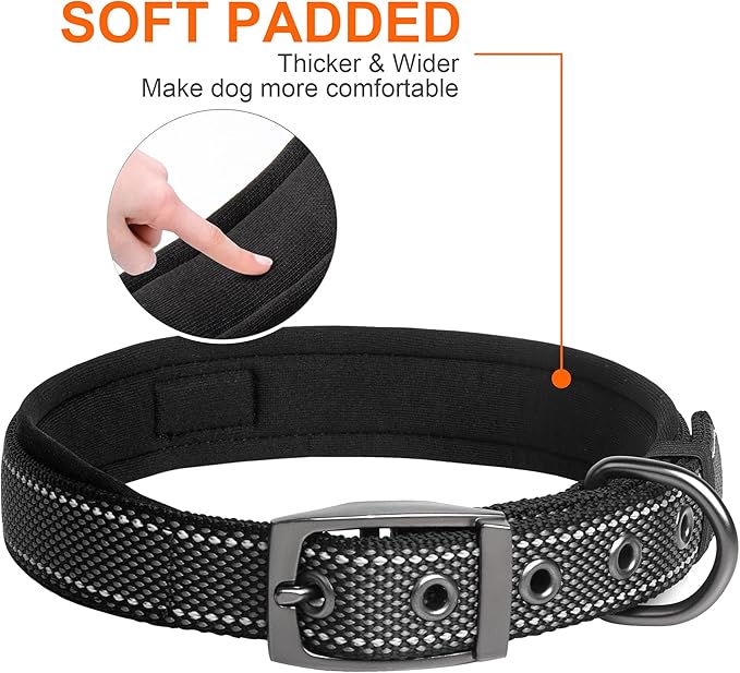 Fida Heavy Duty Dog Collar, Ultra Comfortable Soft Neoprene Padded, Adjustable Reflective Nylon Pet Collar with Durable Metal Belt Buckle for Medium Breeds (M, Black)-PawvioPets