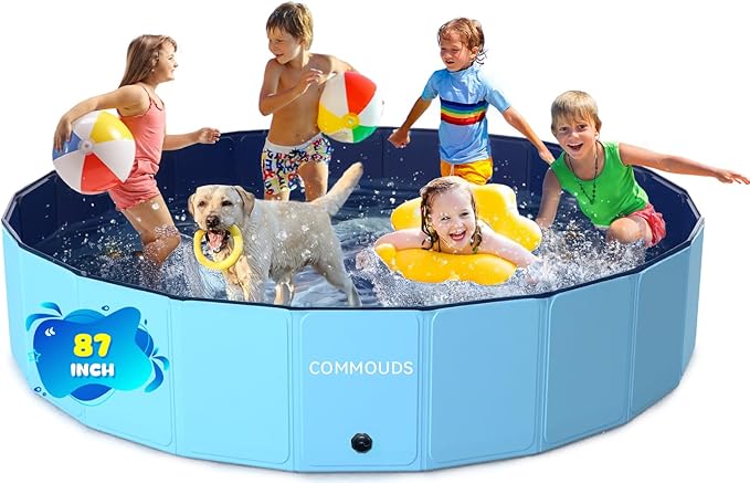 COMMOUDS 87Inch Large Foldable Dog Pool, Collapsible Hard Plastic Dog Kiddie Swimming Pool, Portable Pet Bath Tub Wading Pools for Kids and Puppy Small Medium Large Dogs-PawvioPets