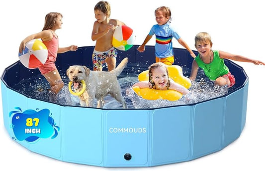 COMMOUDS 87Inch Large Foldable Dog Pool, Collapsible Hard Plastic Dog Kiddie Swimming Pool, Portable Pet Bath Tub Wading Pools for Kids and Puppy Small Medium Large Dogs-PawvioPets