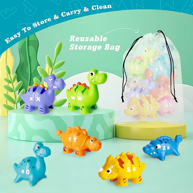 52 PCS Dinosaur Alphabet Learning Toys for Toddlers Kids 3-5, 10 Different Dinosaur Figures, Double Sided ABC Matching Game, Preschool Activities Montessori Fine Motor Toys for Toddlers Kids-PawvioPets