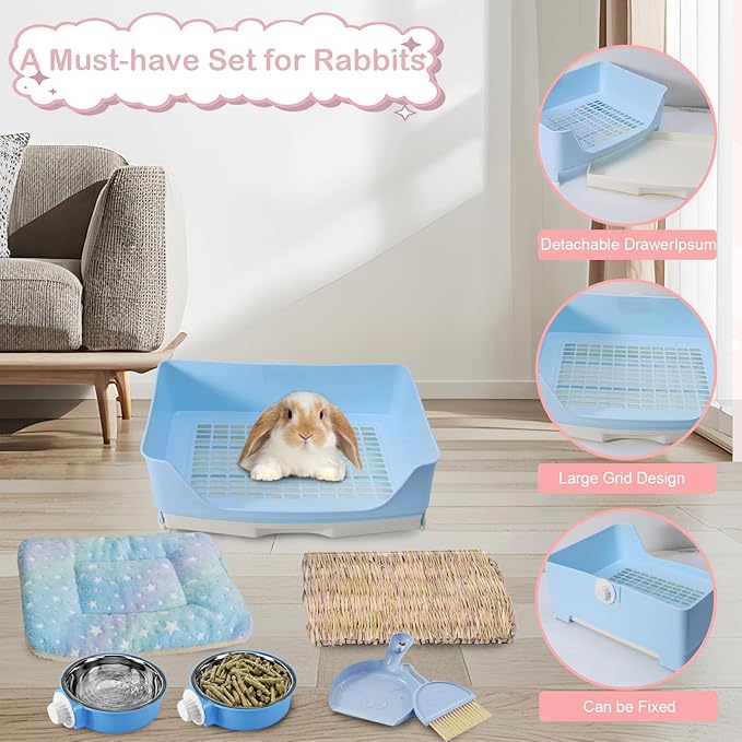 25 Pcs Large Rabbit Starter Kit, Bunny Litter Box with Drawer Animal Grooming Kit Stacking Cups Bowl Blankets Mat with Cleaning Set for Adult Guinea Pig, Ferret, Hamster, Bunnies Accessories (Blue)-PawvioPets