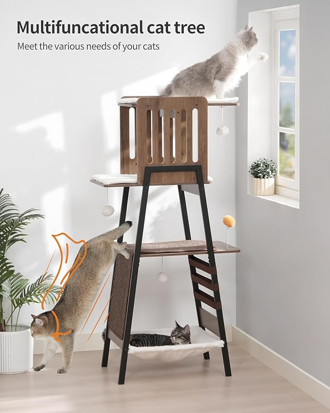 FourFurPets Modern Cat Tree, 58-Inch Cat Tower for Large Cats, Maine Coon Cat Tree with Scratching Board, Large Perch, Hammock and Removable Pads, Greige-PawvioPets