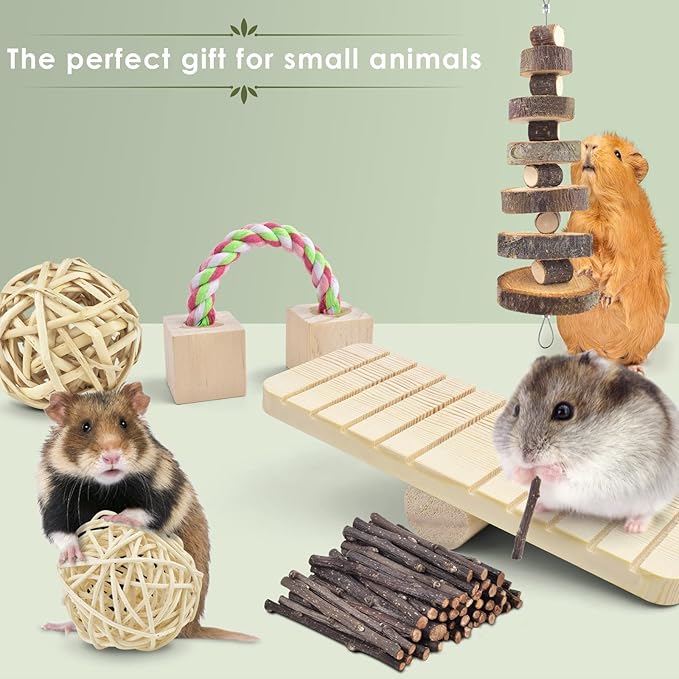 ERKOON New 12 Pack Hamster Chew Toys Gerbil Rat Guinea Pig Chinchilla Chew Toys Accessories, Natural Wooden Dumbbells Exercise Bell Roller Teeth Care Molar Toy for Rabbits Bird Rabbits Hamster Gerbil-PawvioPets