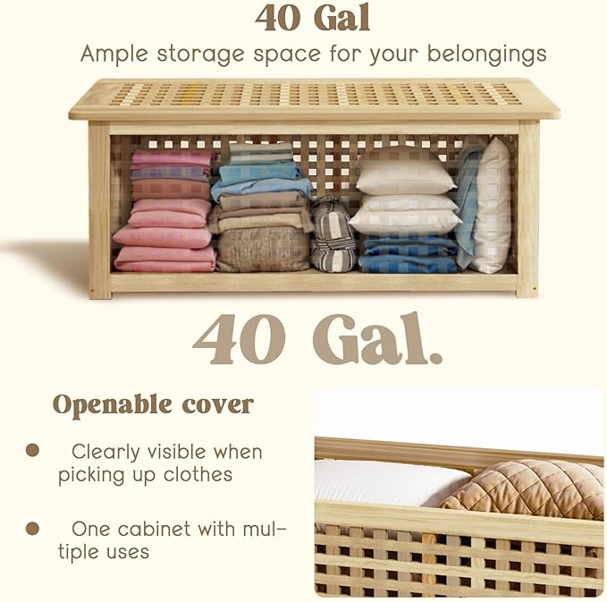 Bench with Storage, Acacia Laundry Hamper with Seat, Storage Benches with Seating for Entryway, Living Room, Bedroom, Bathroom (15.7x38.6x17.7in)-PawvioPets