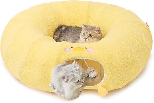 EHEYCIGA Cat Tunnel Bed for Indoor Cats, Cute Cat Donut Toy Tunnel for Small Large Cats with Washable Circle Cushion, Peekaboo Pet Cave Play Tunnel for Kitten, Puppy, Rabbit-PawvioPets