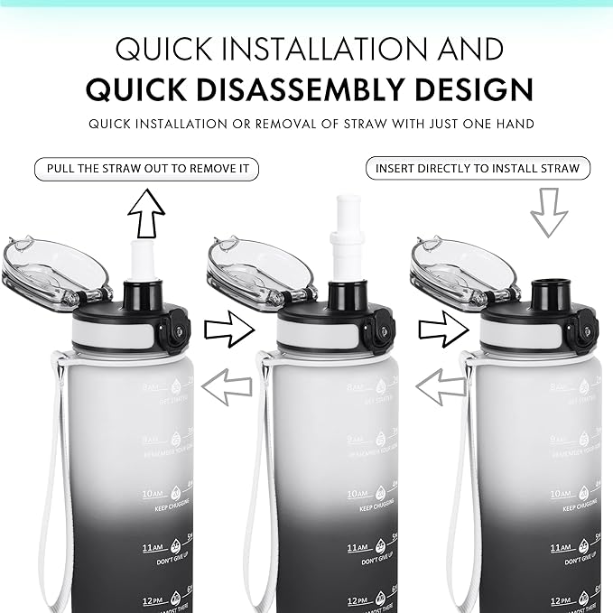 32oz Motivational Water Bottles with Time Marker & Fruit Strainer, Transparent Gradient Color Water Bottle with Times to Drink, Leakproof & BPA Free, Reusable Bottle with Strap (No Straw)-PawvioPets