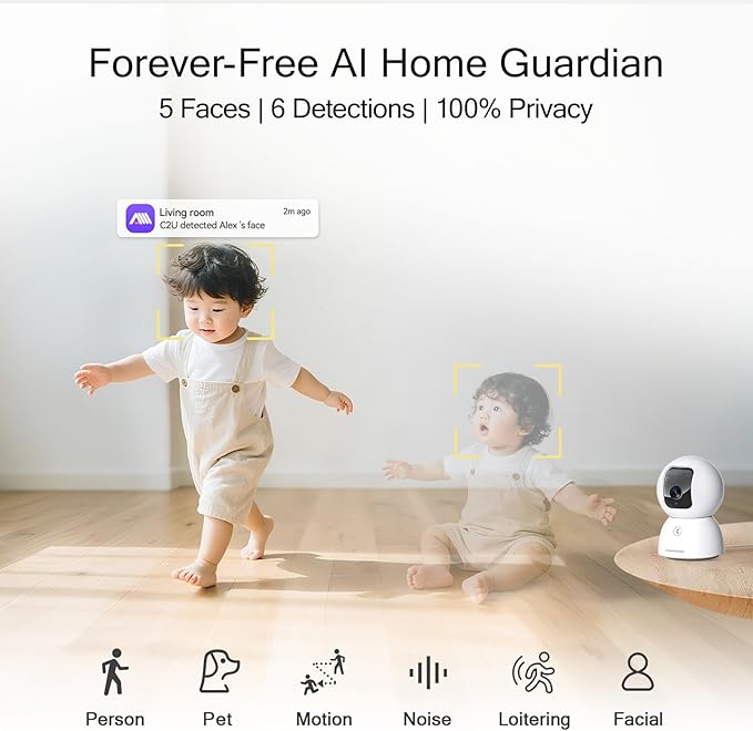 3K Pet/Dog/Cat Camera with Phone App, No-Subscription Local Person/Pet/Face Detection, 5G Security Camera Indoor, PTZ WiFi Cameras for Home Security, 0-Glow Night Vision, Full Duplex Audio-PawvioPets