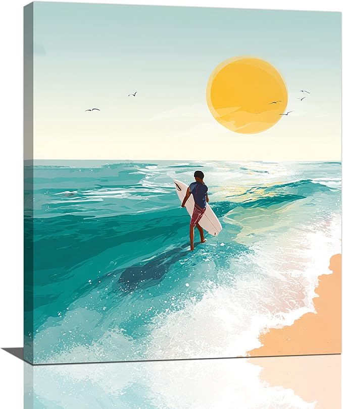 Beach Surfing Wall Art Ocean Coastal Wave Canvas Wall Decor Summer Nature Seascape Pictures Painting Print Framed Artwork Decorations for Bathroom Living Room Office Bedroom 24"x20"-PawvioPets