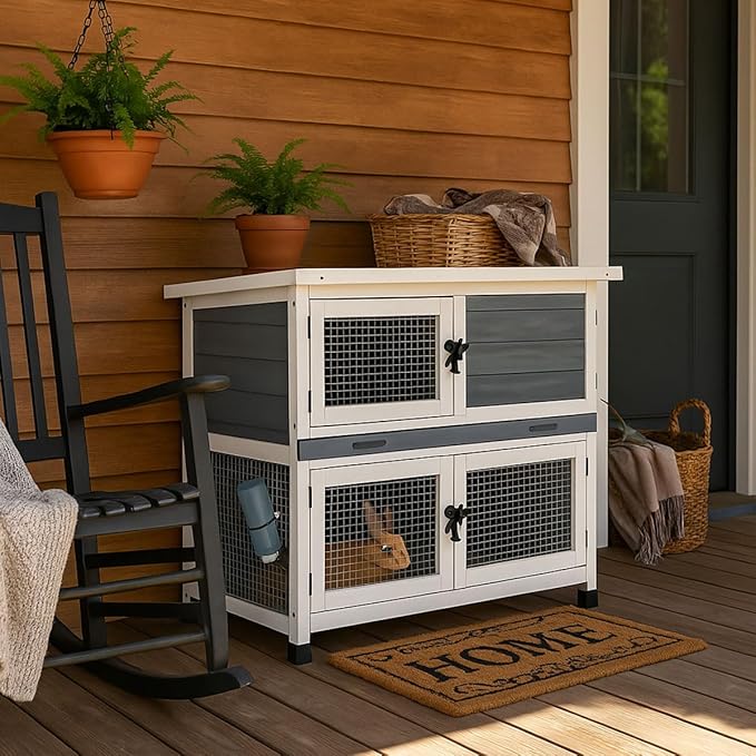 2 Story Solid Wood Rabbit/Bunny Hutch with 2 Large Main Rooms, Indoor Outdoor Rabbit House Guinea Pig Cage Pet House for Small Animals with Ventilation Door Removable Tray Waterproof Roof (Grey)-PawvioPets