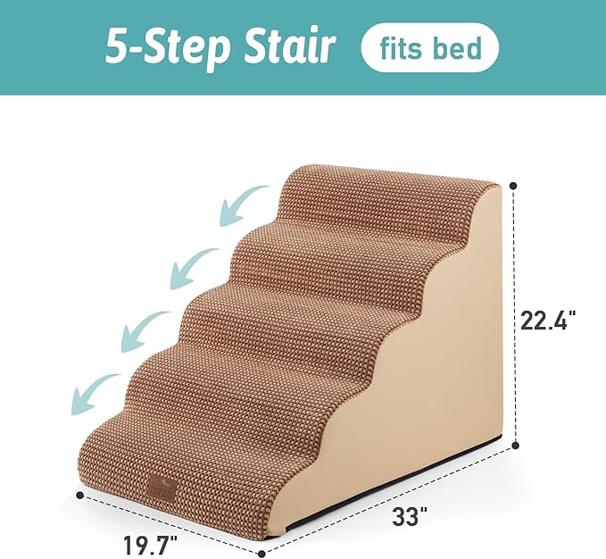 Extra Wide Dog Stairs 19.7" Width, Large Pet Step for Small Medium Dog, Puppy or Cat, Ramp for High Bed or Car, High Density Foam Ladder, Stable, 5 Step, 19.7x33x22.4 inch, Light Brown-PawvioPets