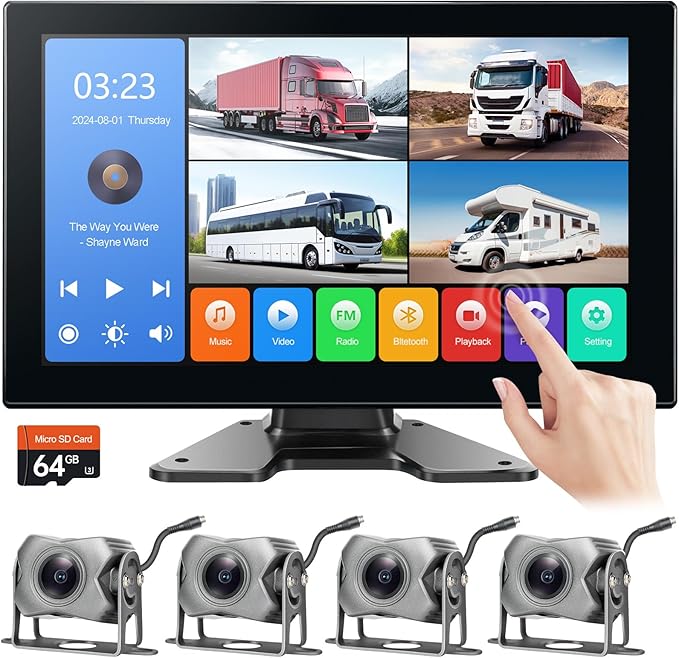 4-Channel 1080P Backup Camera for Truck/RV/Semi Trailer/Van/Cars 10.2inch Touch Monitor with DVR Recording/Playback/Bluetooth/FM Radio/Music/Video Player-PawvioPets