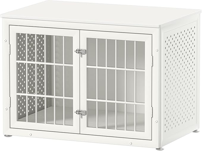 38" Heavy Duty Dog Crate Furniture for Large and Medium Dogs,Wooden Metal Kennel for High Anxiety Dogs, Chew Proof Pet Cage Indoor, Decorative Dog Kennel End Table, White-PawvioPets