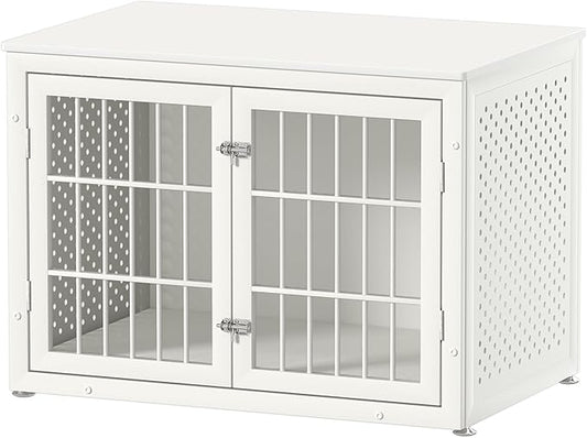38" Heavy Duty Dog Crate Furniture for Large and Medium Dogs,Wooden Metal Kennel for High Anxiety Dogs, Chew Proof Pet Cage Indoor, Decorative Dog Kennel End Table, White-PawvioPets
