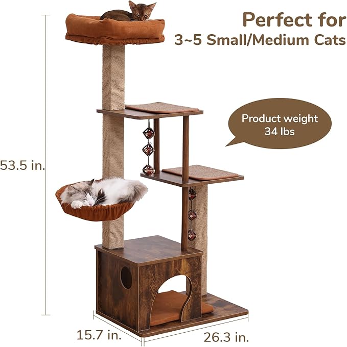 FUKUMARU Cat Tree, 4 in 1 Large Modern Cats Tower with Jute Scratching Post and Hammock, Wood Cat Condo with silvervine Balls, Brown Cat Climber Stand Playhouse for Indoor Cats, Retro Style-PawvioPets