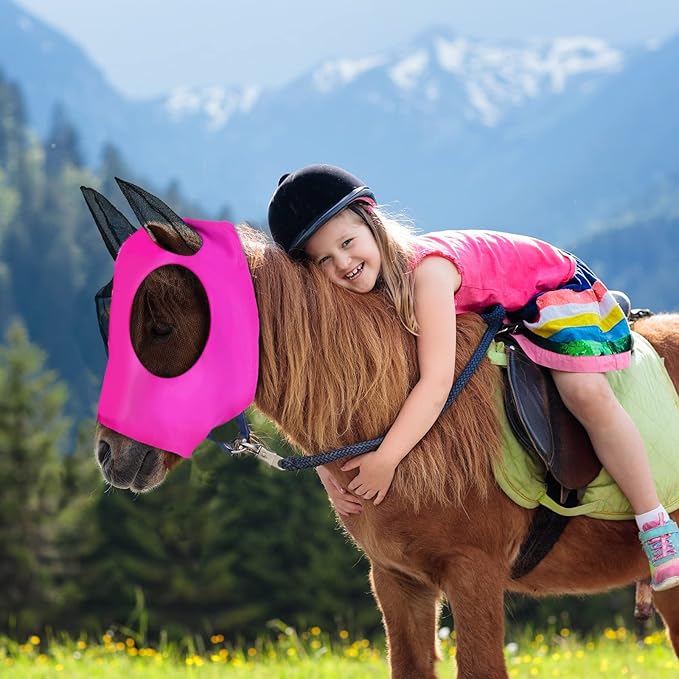 Frienda 4 Pcs Horse Fly Masks with Ears Head Fly Masks for Horses Smooth Elastic UV Protection Cover from Summer Insect Pests(Large,Purple, Blue, Pink, Black)-PawvioPets