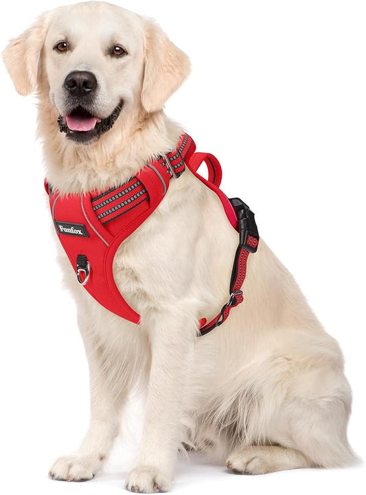 Funfox Dog Harness No Pull, Adjustable Pet Vest Harness, Super Soft Material with Vertical Handle Easy Control, Reflective Night Walking, 2 Leash Clips for XLarge Dogs, Red, XL-PawvioPets