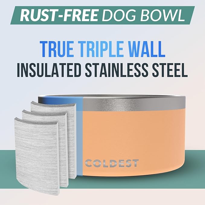 Coldest Dog Bowl - Anti Rust Metal, Non Slip, 3 Layers Insulated Stainless Steel Dog Bowls - Spill Proof & Heavy Duty - Water Bowl for Dogs, Cats & Pets, Dish Washer Safe (200 oz, Sahara Peach)-PawvioPets