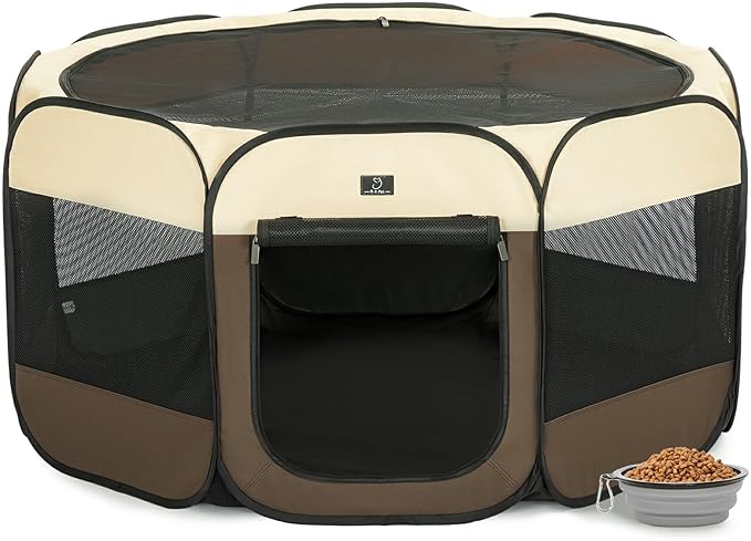 A4Pet Dog Playpen Indoor, 49” Pet Playpen with Bowl for Dogs, Kittens, and Small Animals, Removable Zipper & Mesh Panel(19”W × 12”H)-PawvioPets