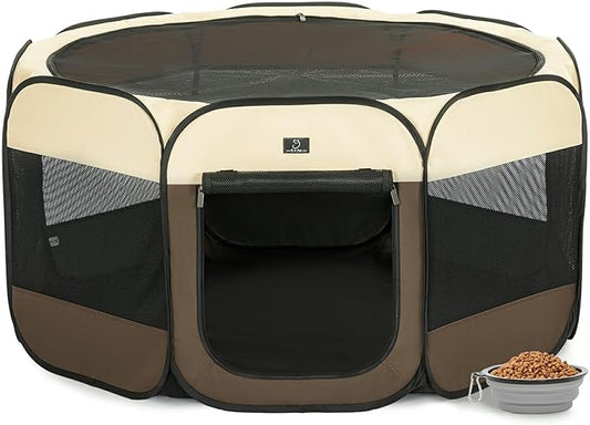 A4Pet Dog Playpen Indoor, 49” Pet Playpen with Bowl for Dogs, Kittens, and Small Animals, Removable Zipper & Mesh Panel(19”W × 12”H)-PawvioPets