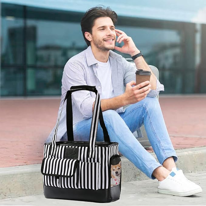 Cat Carrier, Dog Carrier, Pet Carrier, Foldable Waterproof Premium PU Leather Oxford Cloth Dog Purse, Portable Bag Carrier for Small to Medium Cat and Small Dog - Black White Stripes New-PawvioPets