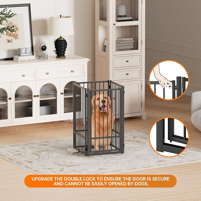 Full Metal Freestanding Dog Gate with Door, 36''Height Foldable Pet Dog Fence for Indoor & Outdoor, 4 Panels Extra Wide Free Standing TallDog Gates for Doorways,House,Stairs,Porch,Deck,Yard-PawvioPets
