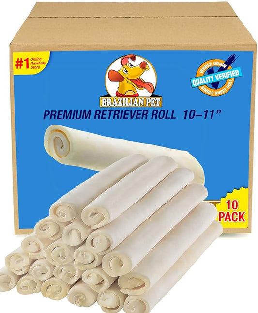 Brazilian Pet Premium Retriever Rolls 10-11 inches (10 Pack),100% Natural Dog Treat Chew. No Artificial Preservatives-PawvioPets