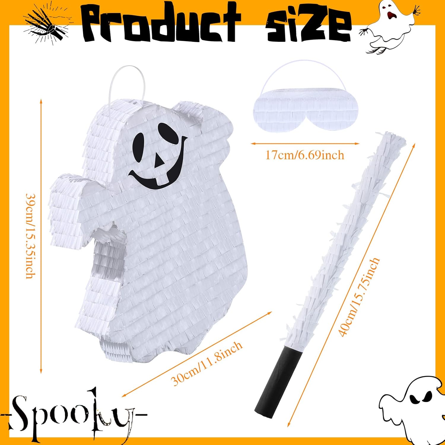 Aoriher Halloween Ghost Piñata Spooky White Ghost Piñata with Stick and Blindfold Halloween Hanging Decoration Mexican Piñata for Birthday Game Halloween Party Supplies