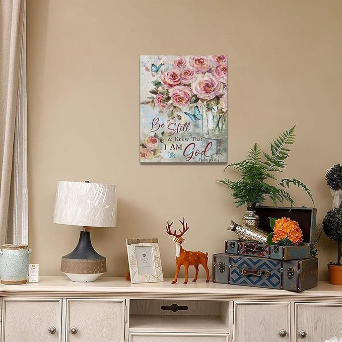 Farmhouse Rose Wall Art Christian Scripture Pictures Pink Rose Wall Decor Rustic Floral Butterfly Canvas Print Painting Artwork for Bathroom Living Room Bedroom 16"x20"-PawvioPets