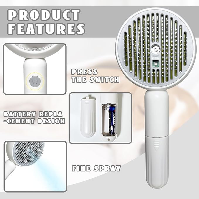 3-in-1 Steam Brush for Cats & Dogs – Hair Removal Comb with One-Click Release & Water Spray – Grooming Brush for Shedding, Long/Short Hair (white brushs-grey)-PawvioPets