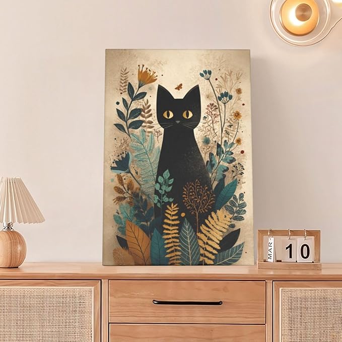 Boho Black Cat Wall Art Kitten Botanical Wall Decor Mid Century Modern Canvas Painting Print Minimalist Pictures Artwork Framed Decorations Gifts for Cat Lover Bathroom Nursery Living Room Bedroom Kitchen 16"x24"-PawvioPets