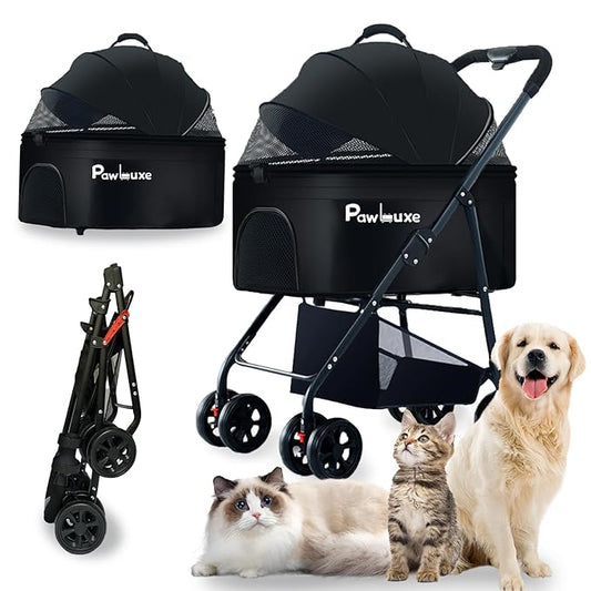 4 Wheels Pet Stroller 4 in 1 Pet Stroller with Detachable Carrier for Small & Medium Dogs Cats up to 55 lbs Easy-Folding Travel Dog Wagon with Car Seat Breathable Mesh,Black-PawvioPets