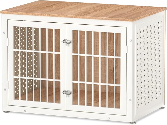 38" Heavy Duty Dog Crate Furniture for Large and Medium Dogs,Wooden Metal Kennel for High Anxiety Dogs, Chew Proof Pet Cage Indoor, Decorative Dog Kennel End Table, White-PawvioPets